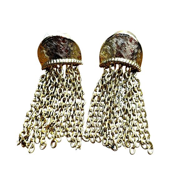 Vintage pierced earrings textured gold chain dangles unique dramatic dressy - Picture 3 of 5